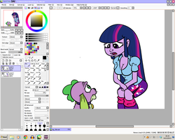 Size: 1280x1024 | Tagged: safe, artist:catfood-mcfly, spike, twilight sparkle, dog, equestria girls, g4, breasts, busty twilight sparkle, cleavage, clothes, collar, female, incestria girls, paint tool sai, shirt, skirt, spike the dog, wip