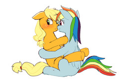 Size: 700x460 | Tagged: safe, artist:aki-tam, applejack, rainbow dash, g4, female, hug, lesbian, pixiv, ship:appledash, shipping, shy, sitting