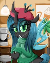 Size: 970x1220 | Tagged: safe, artist:daniel-sg, queen chrysalis, changeling, changeling queen, g4, beret, clothes, coffee shop, female, scarf, solo, sweater
