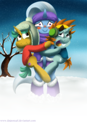 Size: 1000x1400 | Tagged: safe, artist:datponypl, snails, snips, trixie, g4, bipedal, blushing, clinging, clothes, earmuffs, hat, hug, scarf, snow, sweater, tree, trio, trixie's fans, winter, winter clothes, winter outfit