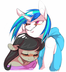Size: 800x866 | Tagged: safe, artist:dogrot, dj pon-3, octavia melody, vinyl scratch, anthro, g4, blushing, blushing profusely, clothes, cute, eyes closed, female, floppy ears, hoodie, lesbian, ship:scratchtavia, shipping, sleeveless, tavibetes, vinylbetes