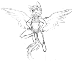 Size: 900x762 | Tagged: safe, artist:dogrot, rainbow dash, anthro, g4, clothes, compression shorts, female, flying, midriff, monochrome, sketch, solo, sports bra