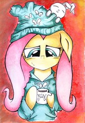 Size: 5821x8453 | Tagged: safe, artist:devotedfan012, angel bunny, fluttershy, g4, absurd resolution, clothes, female, hat, hoodie, mug, solo