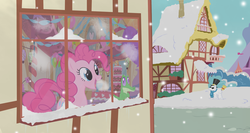 Size: 1500x800 | Tagged: safe, artist:flare-chaser, gummy, pinkie pie, g4, christmas, cold, cute, snow, snowfall, snowpony, sugarcube corner