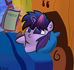 Size: 2000x1900 | Tagged: safe, artist:captain64, twilight sparkle, g4, adorkable, bed, book, cute, dork, female, magic, messy mane, on back, pillow, reading, science, smiling, solo, string theory, twiabetes, window