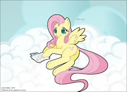 Size: 898x650 | Tagged: safe, artist:autumndeer, fluttershy, pegasus, pony, g4, blushing, butt, cloud, dialogue, female, lying down, mare, paper, picture, plot, smiling, solo