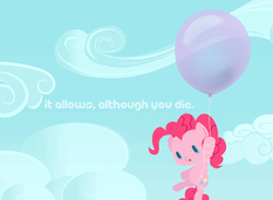 Size: 983x720 | Tagged: safe, artist:momo, pinkie pie, earth pony, pony, g4, balloon, chibi, cloud, female, floating, pinkamena diane pie, sky, solo, then watch her balloons lift her up to the sky