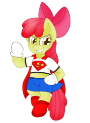 Size: 862x1178 | Tagged: safe, artist:blackbewhite2k7, apple bloom, g4, crossover, female, grin, hoof gloves, parody, simple background, smiling, solo, superfilly, supergirl, transparent background, vector