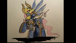 Size: 1280x720 | Tagged: safe, artist:derpylicious, fluttershy, g4, armor, chaos (warhammer 40k), chaos space marine, female, power armor, powered exoskeleton, solo, traditional art, warhammer (game), warhammer 40k
