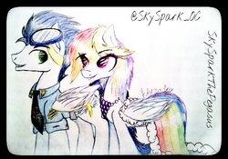 Size: 635x444 | Tagged: safe, artist:skysparkthepegasus, rainbow dash, soarin', g4, female, male, ship:soarindash, shipping, straight, traditional art