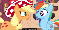 Size: 800x416 | Tagged: safe, screencap, applejack, rainbow dash, daring don't, g4, hub logo, meme, national random holiday party day, new episode, numbers, party stetson, youtube caption