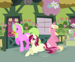 Size: 1024x848 | Tagged: safe, artist:cajesthetabby, daisy, flower wishes, lily, lily valley, roseluck, earth pony, pony, g4, female, flower, flower trio, trio, trio female