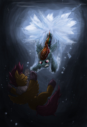 Size: 2565x3760 | Tagged: safe, artist:otakuap, rainbow dash, scootaloo, g4, boots, bubble, clothes, drowning, ice, rescue, scarf, underwater, winter