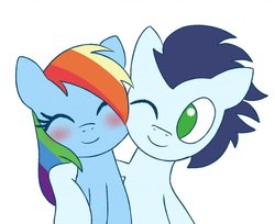 Size: 989x807 | Tagged: dead source, safe, artist:gatodelfuturo, rainbow dash, soarin', pegasus, pony, g4, blushing, duo, female, hug, male, ship:soarindash, shipping, straight