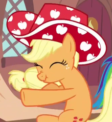 Size: 415x453 | Tagged: safe, applejack, earth pony, pony, daring don't, g4, my little pony: friendship is magic, apple hat, hat, national random holiday party day, party stetson, scrunchy face