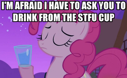 Size: 500x310 | Tagged: safe, edit, edited screencap, screencap, pinkie pie, g4, female, image macro, meme, reaction image, solo, stfu, stfu cup