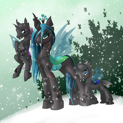 Size: 2500x2500 | Tagged: safe, artist:kelisah, queen chrysalis, changeling, changeling queen, g4, female, scar, snow, snowfall, story included, trio