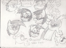 Size: 1024x746 | Tagged: safe, artist:toon-n-crossover, discord, pinkie pie, oc, g4, cute, heart, love, monochrome, ponysona, practice, reference sheet, speech bubble, whistling