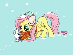 Size: 800x600 | Tagged: safe, artist:joycall6, angel bunny, fluttershy, g4, clothes, earmuffs, scarf, snow, snowfall