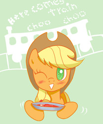 Size: 500x600 | Tagged: safe, artist:joycall6, applejack, g4, female, looking at you, one eye closed, solo, soup, train, wink