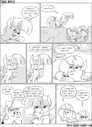 Size: 944x1294 | Tagged: safe, artist:capnpea, applejack, fluttershy, rarity, twilight sparkle, alicorn, earth pony, pegasus, pony, unicorn, comic:three apples, g4, comic, female, mare, monochrome, pit, sitting, twilight sparkle (alicorn), wing hands