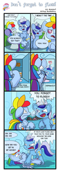 Size: 2318x6678 | Tagged: safe, artist:wadusher0, minuette, rainbow dash, thunderlane, pegasus, pony, unicorn, g4, bathroom, blushing, comic, female, floss, flossing, lying down, male, mare, on back, rope, stallion, swirly eyes, tied up, unshorn fetlocks