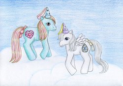 Size: 1024x715 | Tagged: safe, artist:normaleeinsane, princess serena, princess tiffany, g1, cloud, cloudy, traditional art