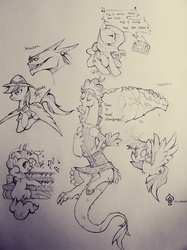 Size: 1936x2592 | Tagged: safe, artist:soulspade, ahuizotl, daring do, discord, fluttershy, pinkie pie, twilight sparkle, alicorn, cragadile, crocodile, pony, g4, female, maid discord, mare, monochrome, sketch dump, traditional art, twilight sparkle (alicorn)