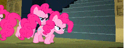 Size: 1725x679 | Tagged: safe, edit, edited screencap, screencap, pinkie pie, earth pony, pony, daring don't, g4, animated, battle pronking, clone, female, fortress of talacon, loop, pinkie clone, scrunchy face