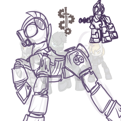 Size: 900x900 | Tagged: safe, artist:inlucidreverie, oc, oc only, fallout equestria, armor, gun, ministry of wartime technology, sketch, steel ranger, weapon
