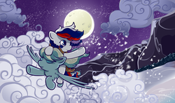 Size: 3400x2000 | Tagged: safe, artist:noreasontohope, oc, oc only, oc:marussia, flying, moon, nation ponies, night, ponies riding ponies, riding, russia, snow, winter