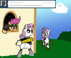 Size: 1131x934 | Tagged: safe, artist:pembroke, scootaloo, sweetie belle, pony, unicorn, ask meanie belle, g4, baseball bat, derp, female, filly, foal, meanie belle, poop, stalkerloo, sweetiepoo, tongue out, tumblr