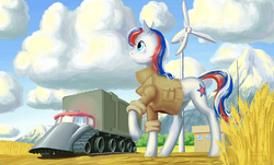 Size: 1100x664 | Tagged: safe, artist:adeptus-monitus, oc, oc only, oc:marussia, cloud, cloudy, grain, harvester, mountain, nation ponies, russia, solo, wind turbine generator