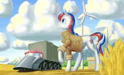 Size: 1100x664 | Tagged: safe, artist:adeptus-monitus, oc, oc only, oc:marussia, earth pony, pony, cloud, cloudy, grain, harvester, mountain, nation ponies, russia, solo, wind turbine, wind turbine generator