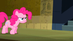 Size: 740x416 | Tagged: safe, screencap, pinkie pie, earth pony, pony, daring don't, g4, season 4, animated, battle pronking, bouncing, female, fortress of talacon, frown, gif, glare, hopping, jumping, mare, pronking, solo
