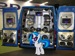 Size: 600x450 | Tagged: safe, artist:jaelachan, artist:kartracer17, dj pon-3, vinyl scratch, pony, unicorn, g4, amplifier, cutie mark, female, hooves, horn, irl, mare, monitor, open mouth, pc, photo, ponies in real life, solo, speaker, sunglasses, van, vector
