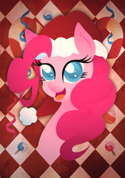 Size: 1863x2662 | Tagged: safe, artist:rariedash, pinkie pie, earth pony, pony, g4, bust, candy cane, female, hat, lineless, mare, open mouth, portrait, santa hat, solo