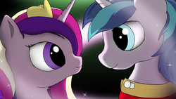 Size: 1920x1080 | Tagged: safe, artist:hydrusbeta, princess cadance, shining armor, g4, abstract background, bust, couple, gradient background, looking at each other, looking at someone, looking into each others eyes, portrait, profile, side view, smiling, smiling at each other