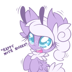 Size: 2800x2800 | Tagged: safe, artist:starlightlore, oc, oc only, oc:dandelion, mothpony, original species, cute, descriptive noise, female, filly, freckles, happy, happy moth noises, meme, moth noises, moth pony general, open mouth, simple background, smiling, solo, transparent background, wiggle