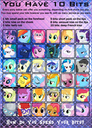 Size: 2080x2880 | Tagged: safe, aloe, apple bloom, applejack, aunt orange, babs seed, berry punch, berryshine, bon bon, carrot top, cheerilee, cup cake, daring do, derpy hooves, diamond tiara, dj pon-3, fleur-de-lis, fluttershy, golden harvest, granny smith, lightning dust, lotus blossom, lyra heartstrings, minuette, octavia melody, pinkie pie, princess cadance, princess celestia, princess luna, queen chrysalis, rainbow dash, rarity, scootaloo, silver spoon, spitfire, sweetie belle, sweetie drops, trixie, twilight sparkle, twist, vinyl scratch, g4, adventure in the comments, amsterdam, bits, exploitable meme, game, kissing, kissing booth, kissing game, meme, spa twins, text, young granny smith