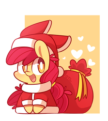 Size: 890x1000 | Tagged: safe, artist:php56, apple bloom, earth pony, pony, g4, chibi, clothes, female, filly, foal, hat, heart, sack, santa costume, santa hat, santa sack, solo