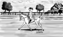 Size: 3000x1800 | Tagged: safe, artist:dopkens, lyra heartstrings, horse, pony, unicorn, g4, bipedal, boots, bridle, dressage, female, grayscale, hat, hoof boots, horse-pony interaction, mare, monochrome, ponies riding horses, reins, riding, saddle, stirrups, tree