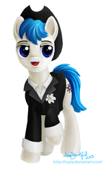 Size: 403x650 | Tagged: safe, artist:paintedhoofprints, oc, oc only, oc:dirt kicker, clothes, flower, hat, lidded eyes, open mouth, raised hoof, simple background, solo, suit, white background