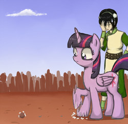 Size: 830x800 | Tagged: safe, artist:239asd, twilight sparkle, alicorn, human, pony, g4, avatar the last airbender, crossover, earthbending, facepalm, female, frown, mare, pebble, raised hoof, stomping, sweat, toph bei fong, twilight sparkle (alicorn), wide eyes