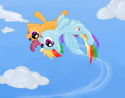 Size: 1842x1455 | Tagged: safe, artist:runbowdash, rainbow dash, scootaloo, g4, flying