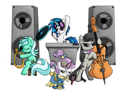 Size: 1792x1344 | Tagged: safe, artist:rambopvp, dj pon-3, lyra heartstrings, octavia melody, sweetie belle, vinyl scratch, g4, band, cello, lyre, microphone, musical instrument, speaker