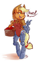 Size: 2818x4385 | Tagged: safe, artist:bluntwhiskey, applejack, cyborg, anthro, unguligrade anthro, g4, amputee, apple, appleborg, bipedal, breasts, bunnie rabbot, chest fluff, cleavage, clothes, crossover, dialogue, female, high res, hooves, leotard, open mouth, prosthetic limb, prosthetics, satam, solo, sonic the hedgehog (series), speech bubble