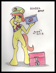 Size: 400x520 | Tagged: safe, artist:rdk, tag-a-long, anthro, unguligrade anthro, g4, arm behind head, bipedal, cookie, featureless crotch, female, food, grin, hat, one eye closed, smiling, solo, traditional art, wink