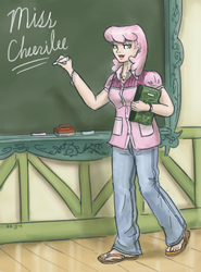 Size: 741x1000 | Tagged: safe, artist:king-kakapo, cheerilee, human, g4, chalk, chalkboard, clothes, female, humanized, light skin, pants, sandals, school, solo