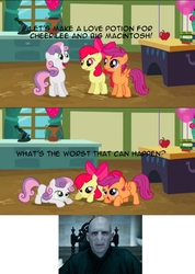 Size: 699x983 | Tagged: safe, edit, edited screencap, screencap, apple bloom, scootaloo, sweetie belle, g4, hearts and hooves day (episode), cutie mark crusaders, harry potter (series), hearts and hooves day, ponyville schoolhouse, voldemort